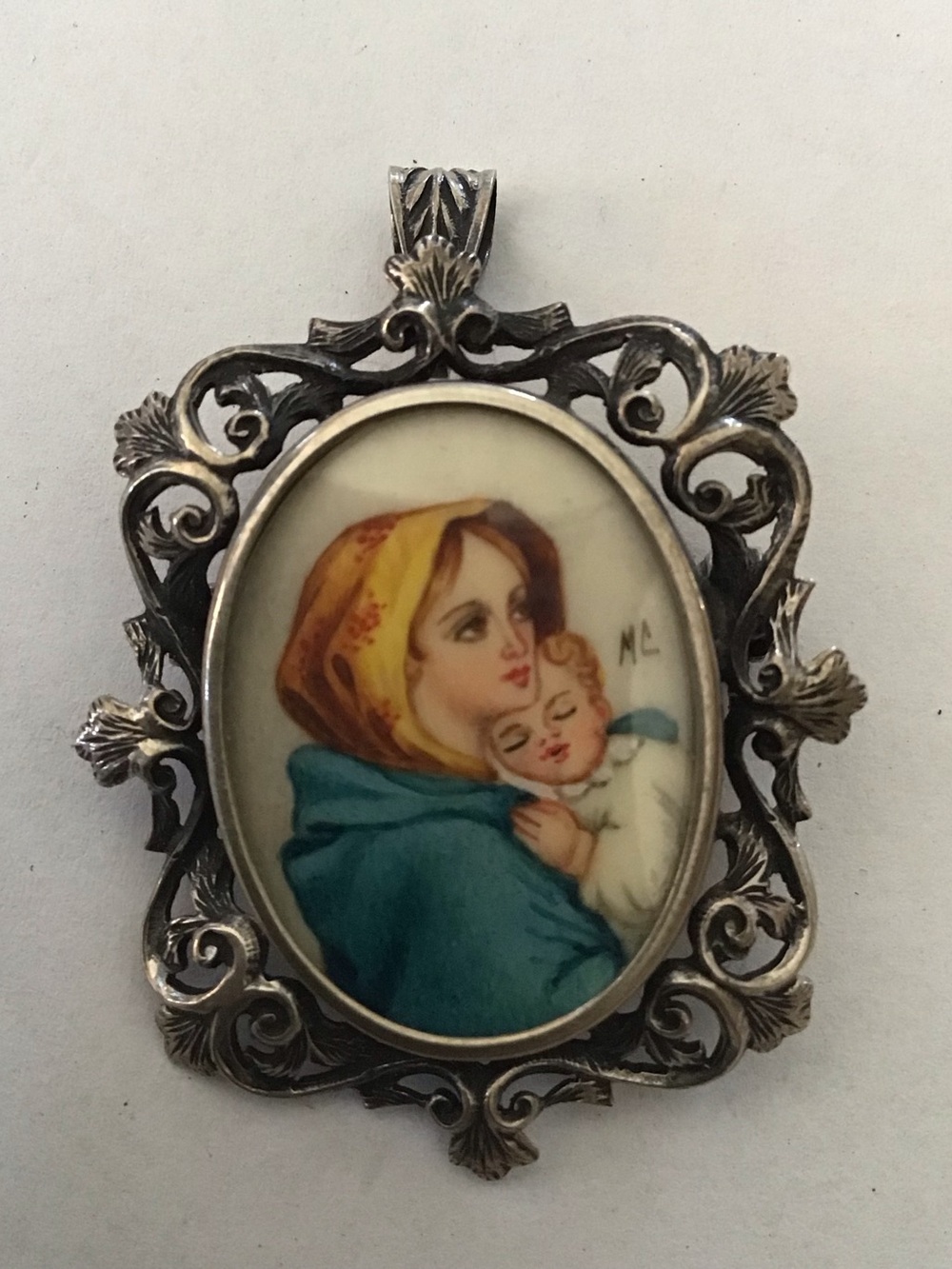 Italian 800 Silver Handpainted Mother Mary Child Pendant Brooch